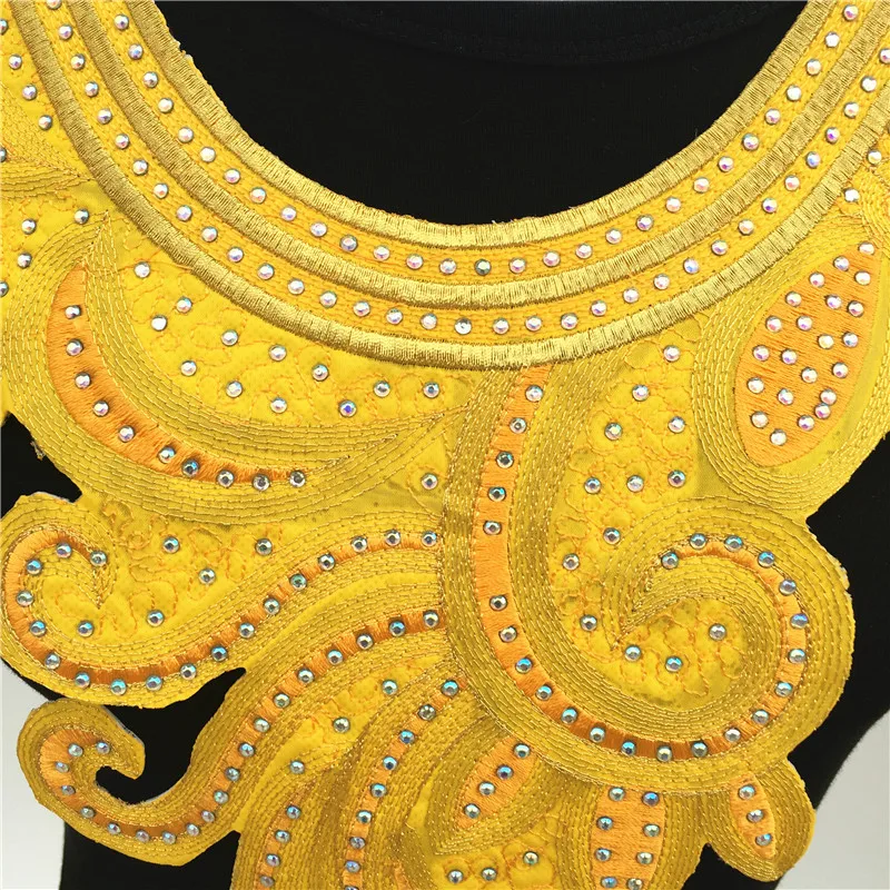 

1pc Big Luxurious Hot Fix Rhinestones African Lace Neckline Collar Iron On Embroidery Appliques For Cloth Accessories With Glue