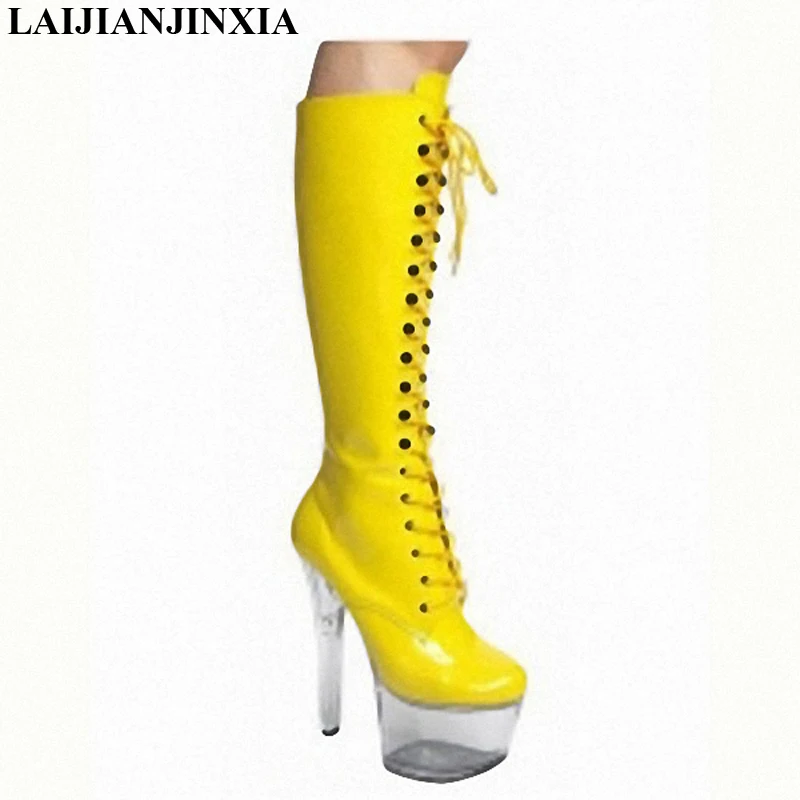 

LAIJIANJINXIA New Sexy Patent Leather Knee High Women Boots 17CM High Heels 7Cm Platform Shoes Ladies Lace-Up Woman Shoes