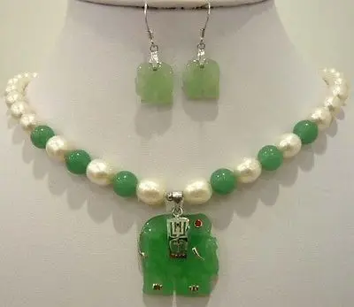 

White pearl light green natural jade elephant pendant necklace earring set