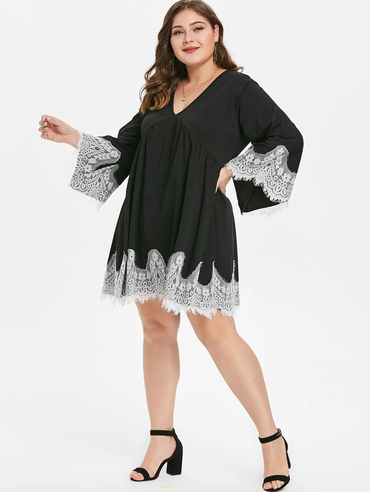 Wipalo Women Plus Size Plunging Neck Eyelash Lace Panel Shift Dress 3/4 Length Flare Sleeves Patchwork Casual Straight Vestidos | Женская