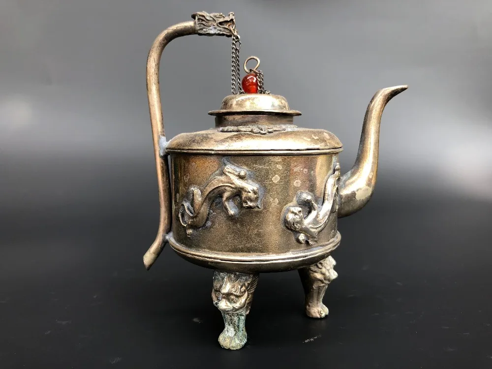 Китайский медный чайник антикварный три ноги горшок ведущих ручка украшения