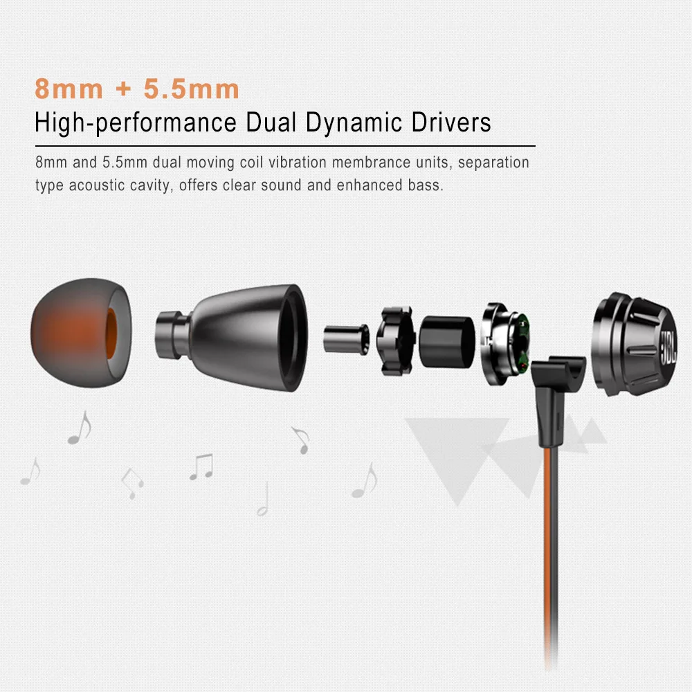JBL T380A двойные динамические проводные наушники-вкладыши 105dB HIFI наушники с микрофоном 3,5 мм разъем с одной кнопкой дистанционного управления для смартфонов