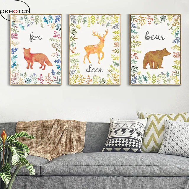 

OKHOTCN Art Canvas Poster Watercolor Deer Bear Fox Nordic Painting Forest Animals Minimalist Picture Home Room Decoration