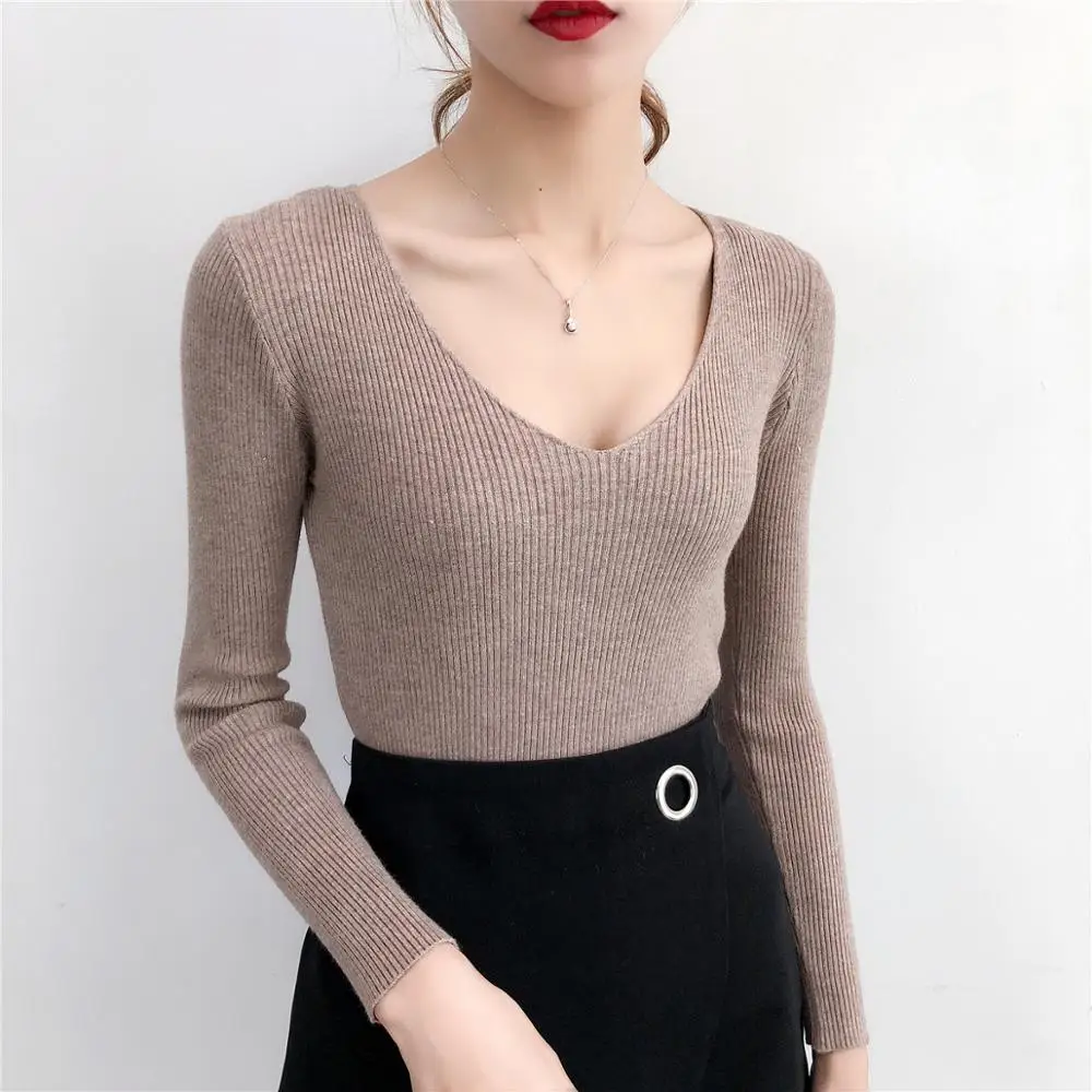 gkfnmt 2020 V-Neck Sweater Women Long Sleeve Knitted Solid Slim Autumn Winter Warm Pullovers Black Red Pink | Женская одежда