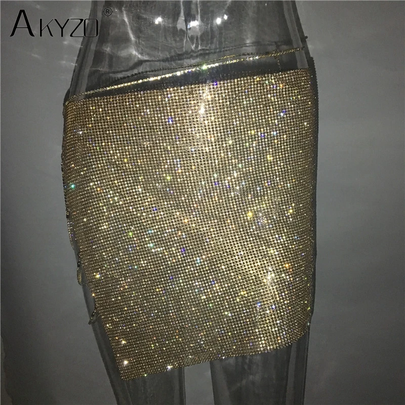 AKYZO, роскошная, стразы, цепочка, сплав, юбка для женщин, линия, сексуальная, для ночного клуба, ручная работа, блестящая, открытая, вилка, посылка, бедра, мини юбки