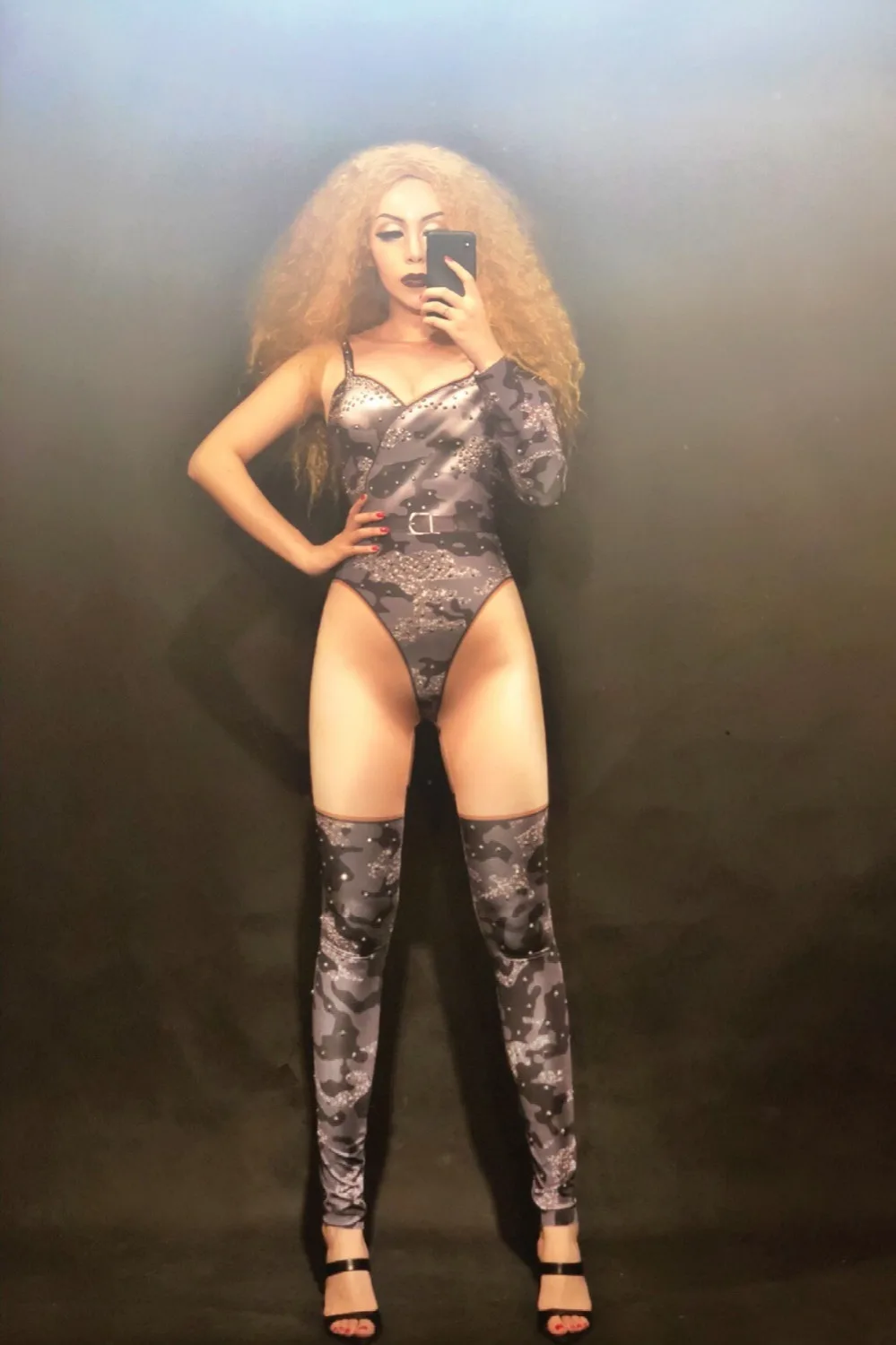 Women N Sexy Black Camo Rhinestone Flash Jumpsuit 3D Print Nightclub Party Bodysuit Stage Wear Bling Costumes Dancer Singer |