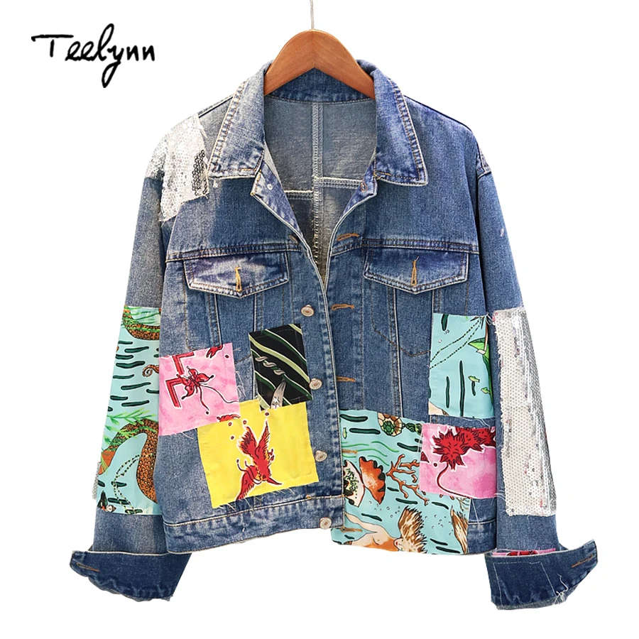 TEELYNN Boho Женская куртка осень зима мультфильм шаблон qppliques вышивка с длинным рукавом пальто Верхняя одежда Джинсовая куртка для женщин