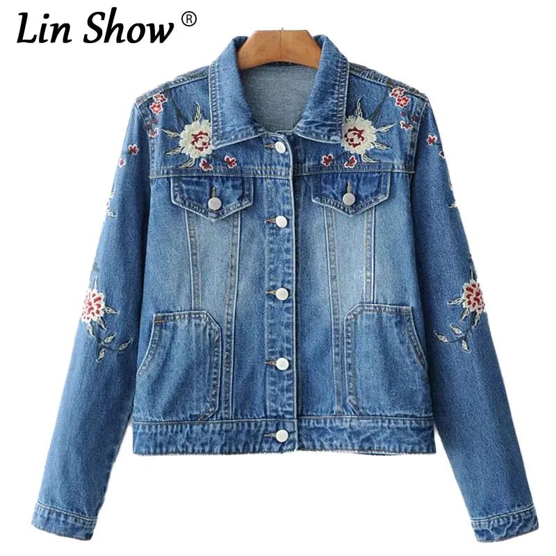 Linshow цветочный Вышивка Весна джинсовая куртка новинка 2017 года Повседневное