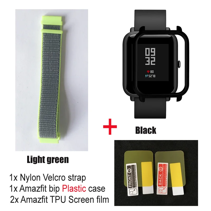 light green-black pc 4в1 нейлоновый ремешок для Amazfit ремешок Bip Xiaomi Huami Amazfit Bip браслет ремешок для часов нейлоновая петля наручный ремешок чехол Защитная пленка - Цвет: light green-black pc