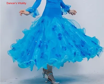 blue skirt Для взрослых костюмы для бальных танцев костюм одежда с длинным рукавом Топы+ юбка большого размера 2 шт./компл. для Для женщин, латинских танцев; вальса; Танго; танцевальный костюм для выступлений - Цвет: blue skirt