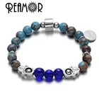 REAMOR синий декоративный узор натуральный камень нитки браслеты с нержавеющей стали Фатима рука женские браслет из бисера ручной работы