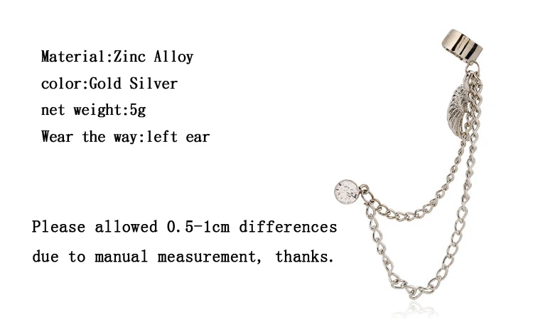 wing earring Punk Inlaid Rhinestones Zinc Alloy Ear Cuff Popular Chain Wing Crystal Jewelry Long Tassel Party Clip Earring