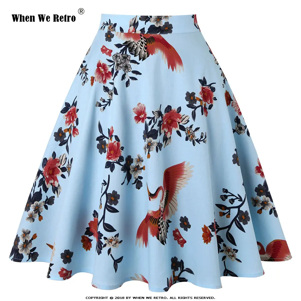 Light Blue Crane Когда мы ретро лето цветочный принт винтажная Юбка Femme Плюс Размер Высокая талия длина до колена юбка трапециевидная Женская юбка - Цвет: Light Blue Crane