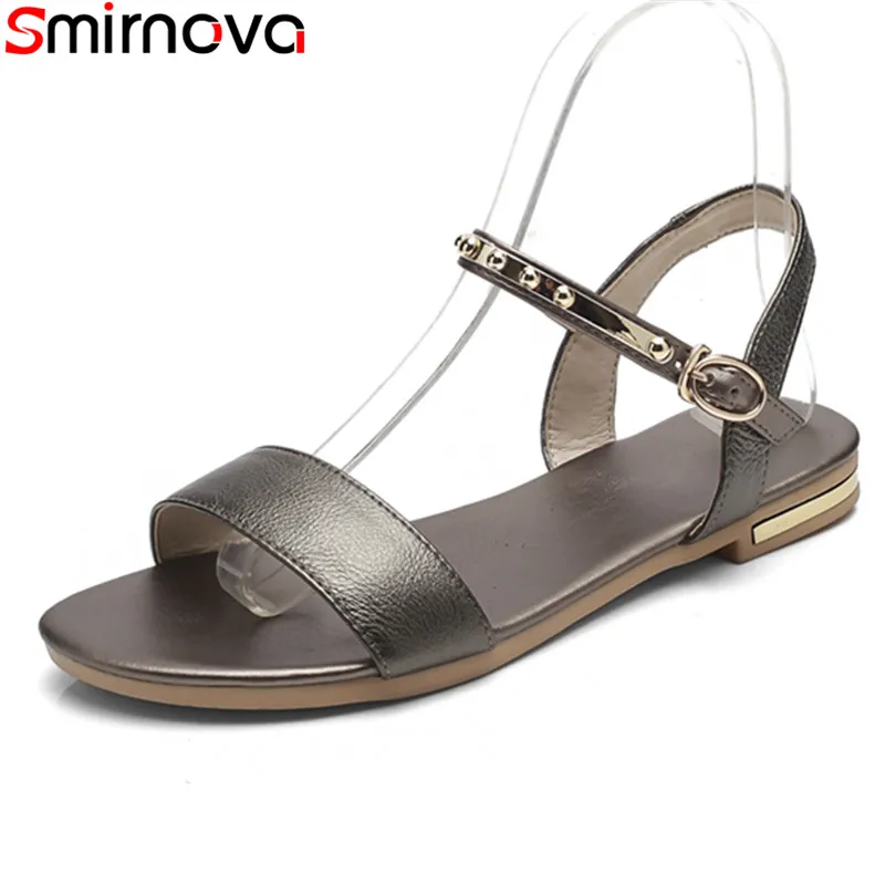 

Smirnova/Лидер продаж 2018; Популярная однотонная повседневная обувь; Модные женские босоножки из натуральной кожи на плоской подошве с круглым н...