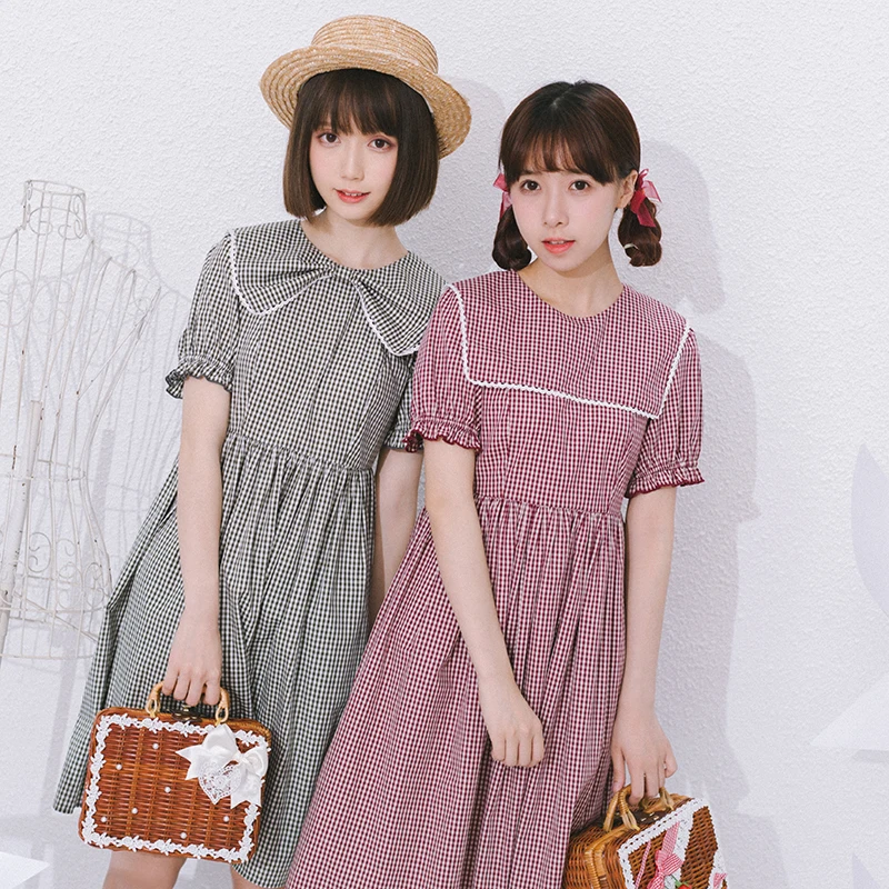 

Princess sweet lolita dress Exclusive original summer dress Japanese checked butterfly square collar girl short sleeves LG046