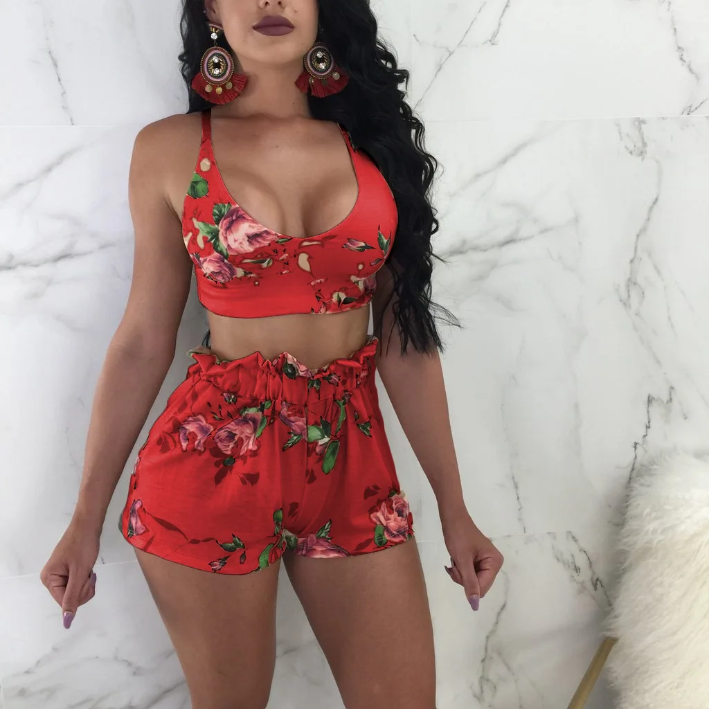 Beach Crop Top+Shorts Tops Romper Halter 2PCS Set Jumpsuit Sports Women’s Floral Outfits Sexy Clubwear 2018 New | Женская одежда