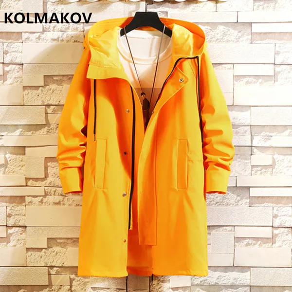 Yellow Осенний мужской Повседневный плащ с капюшоном, ветровки, мужские водонепроницаемые Длинные куртки, мужские свободные стильные размеры M-5XL, 6XL - Color: Yellow