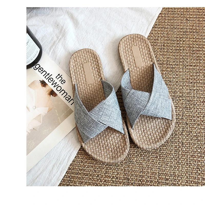 

Women's Slippers Female Straw Woven Hemp Roap Cross Strap Slip on Plus Size Hollow Out Flat with Black Beige Casual Beach Shoes