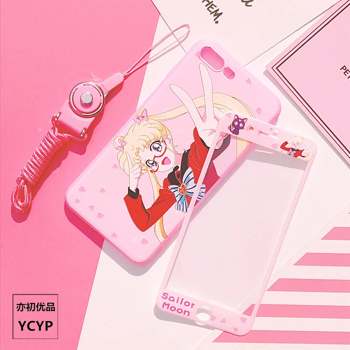 For iphone X Cute Sailor Moon Case +Tempered Glass Screen film for 7 8 8plus 6 6S plus Pink cover + Strap +Metal Gift box |
