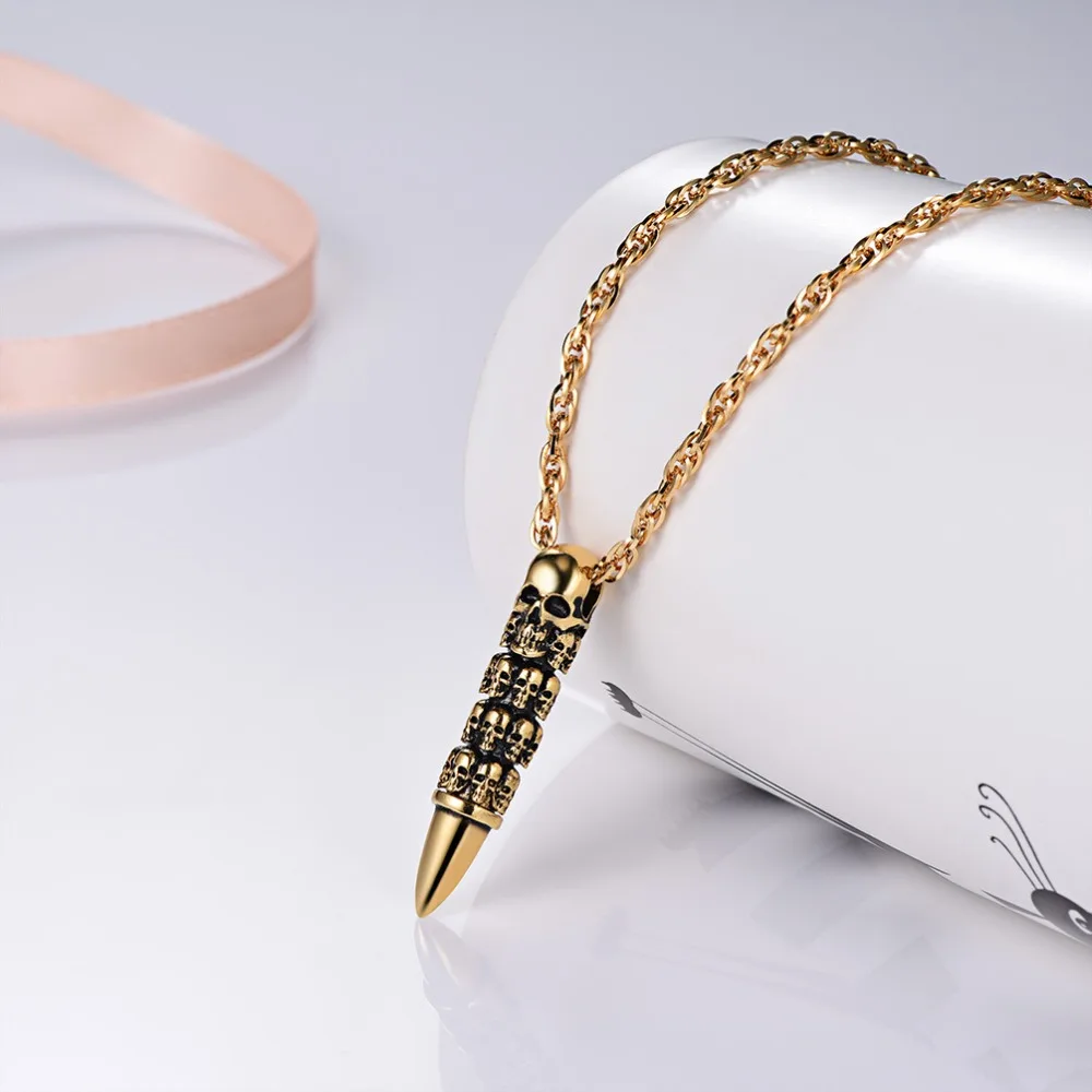 U7 Bullet Skull Necklace for Men Punk Rock Biker Stainless Steel Jewelry Choker Accessories with 55cm Water-wave Chain P1121