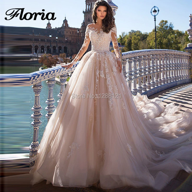 

Stunning Luxury Flowers Muslim Wedding Dresser 2019 Robe De Mariee Lace Wedding Dress With Royal Train Ball Gown Bridal Dress