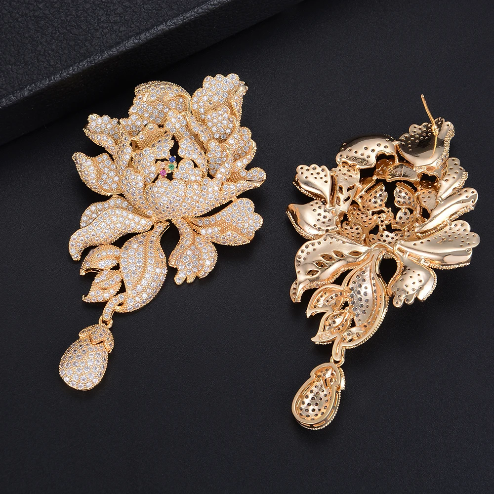 

76mm Popular Chrysanthemum Flower Pierced Full Cubic Zirconia Dangle Earings Women Wedding Bridal Jewelry