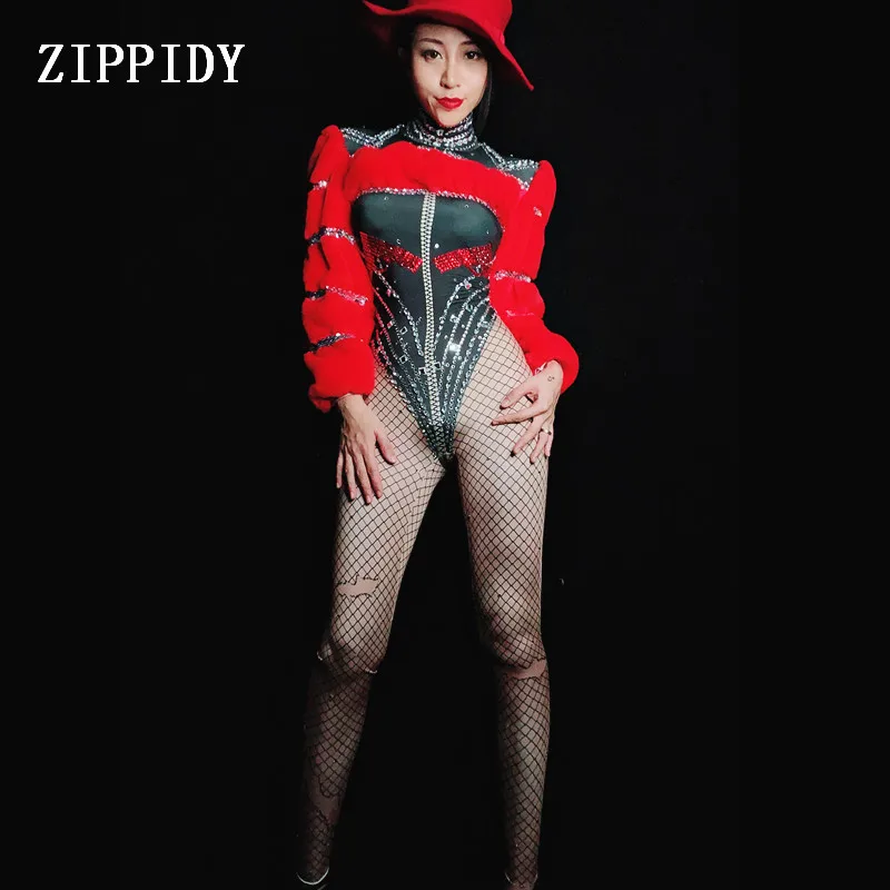 Shining Red Big Rhinestones Spandex Jumpsuit Women's Jazz Dance Bodysuit Sexy Leggings Nightclub Female Singer Costume Outfit