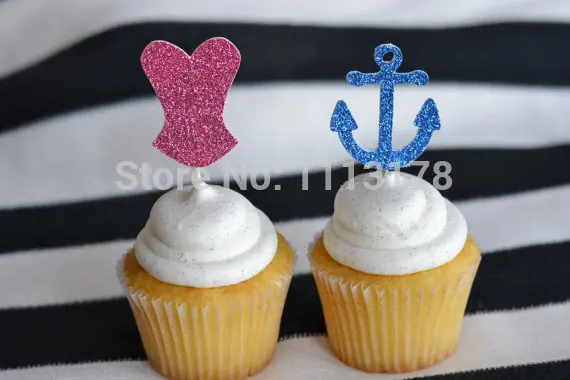 Морской девичник блестящие топперы для капкейков нижнее белье/якорь