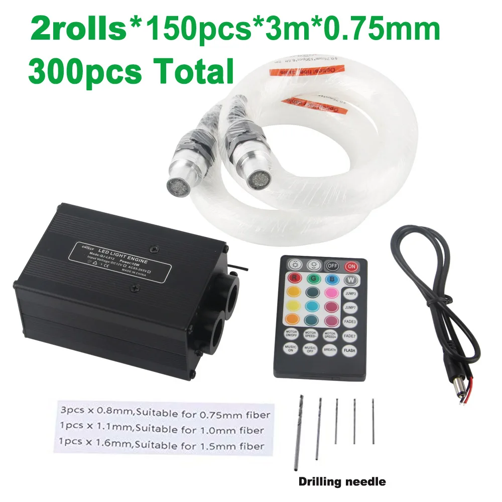 2rolls 150pcs 3m Светодиодный волоконно-оптический светильник s Bluetooth приложение управление 12 Вт мерцание музыки контроль автомобильный светильник на крыше звук активный звездное небо светильник s - Испускаемый цвет: 2rolls 150pcs 3m