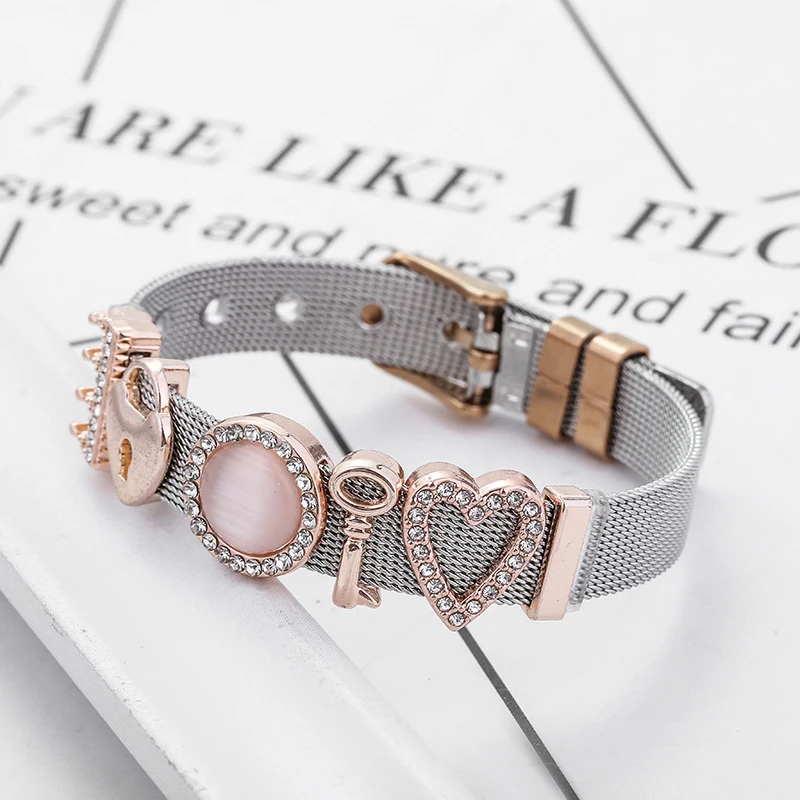 TOGORY Couple Jewelry Crystal Charms Mesh Keeper Bracelets Key &amp Lock Beads Fine for Women Bride Wedding | Украшения и