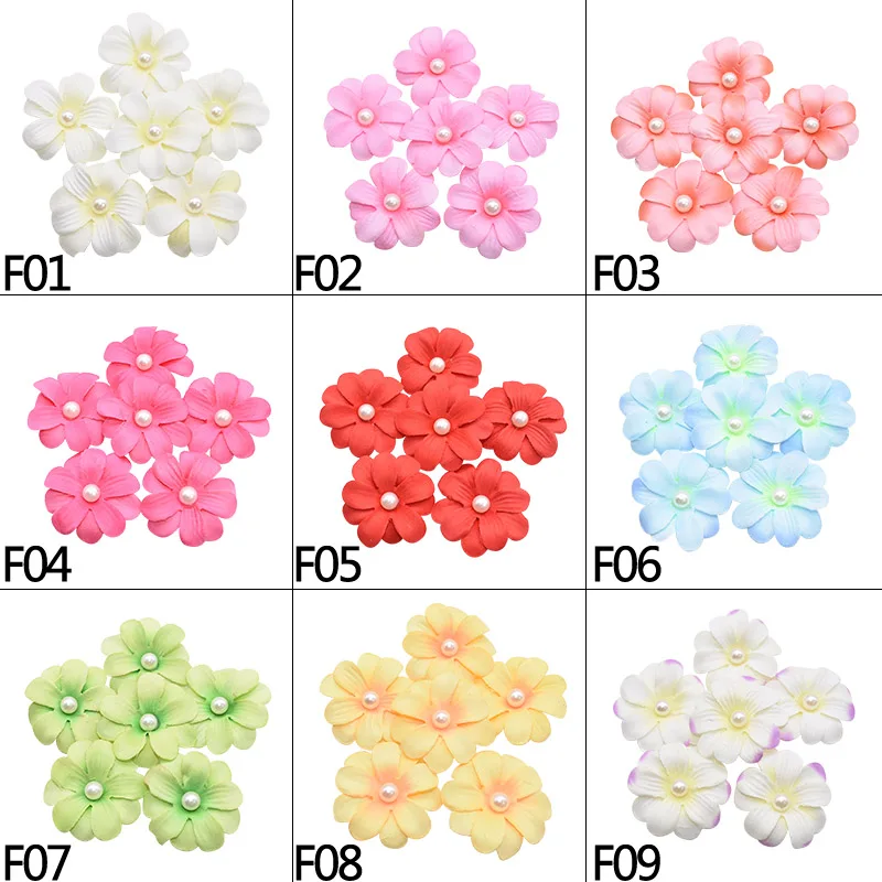 20pcs 4.5cm Silk Petals Artificial Cherry Flower Heads for Wedding Home Decoration Festival Party Fake Pearl Beaded Rose Flowers