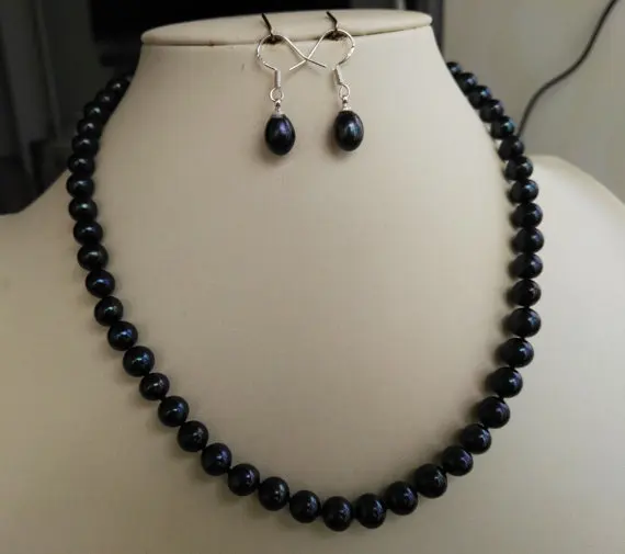 

Real Pearl Jewelry Set,Black Color AA 7-8MM Round Pearl Necklace Earrings,New Free Shipping