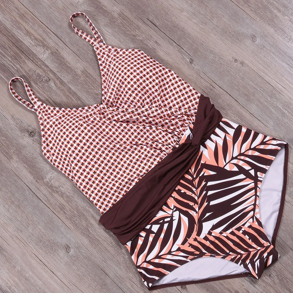 TCBSG 2019 новый купальник размера плюс женский цельный ретро Принт пэчворк пуш-ап