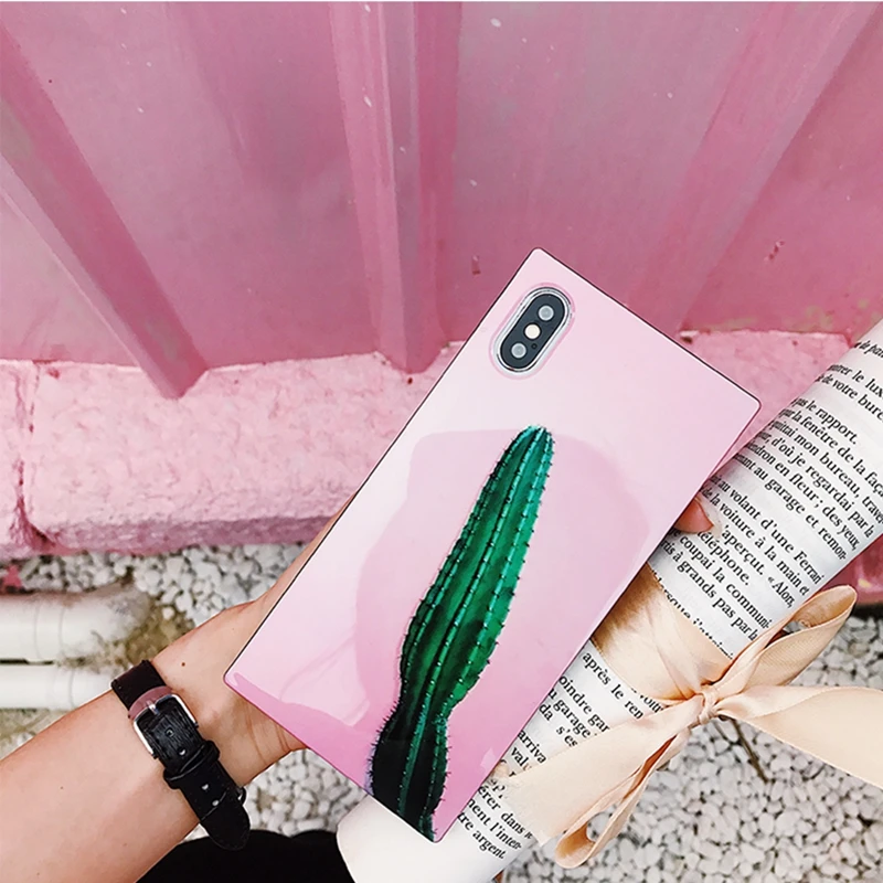 WMZSUCC Cactus Banana Leaf Print Square Angle Tempered Glass Phone Case For iPhone X 6 Full Cover for 8/ 6S 7 Plus |