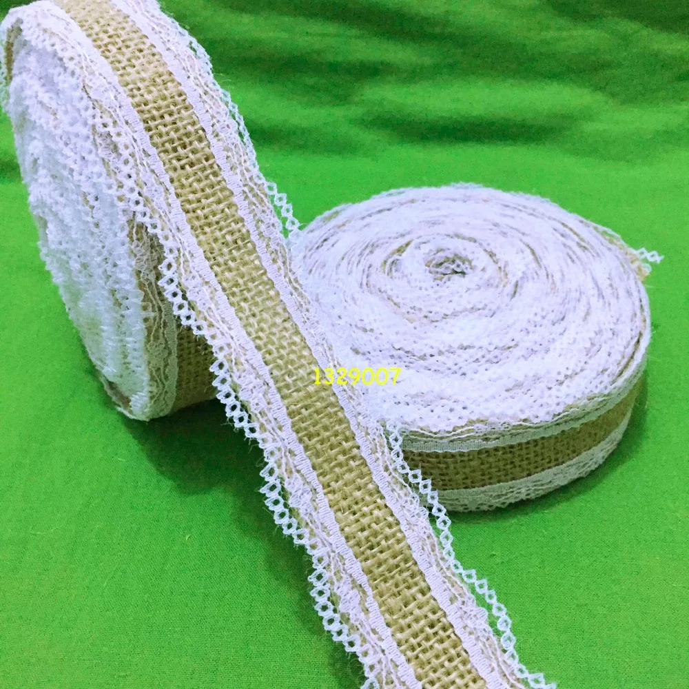 20 м натурального джута Барлеп Гессе ленты с белыми Кружево отделка края