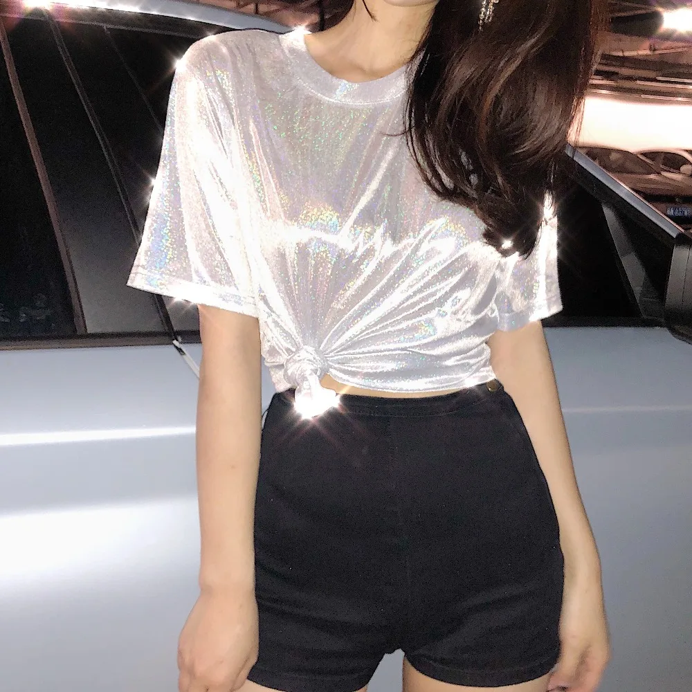 XVA хип-хоп блестящие шикарные женские футболки с короткими рукавами шелковые без