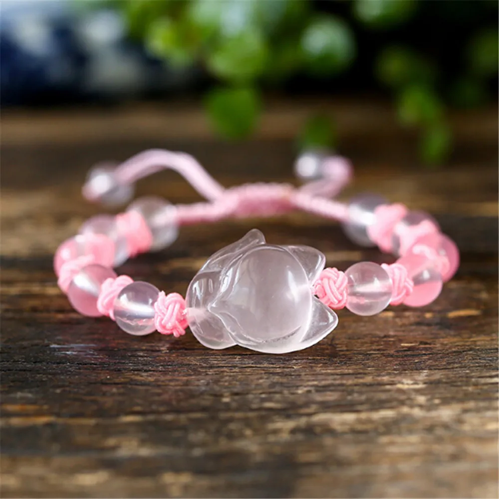 

New Natural Pink Crystal Fox Charm Bracelet Cute Fox Fairy Beads Handmade Rope Chain Bracelet Fashion Women Jewelry Gift Dropshi