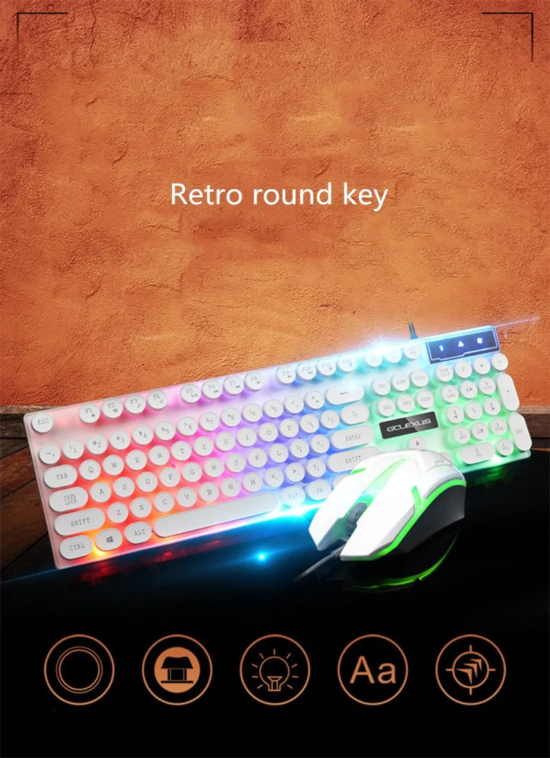 Gaming Keyboard Retro Round Glowing Backlit 3-Color LED USB Wired Waterproof Colorful Gaming woking Keyboard mouse kits
