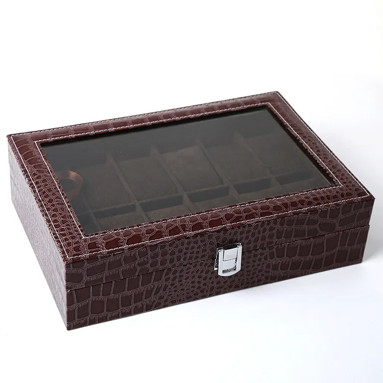 Коричневая роскошная коробка для хранения под крокодиловую кожу витрина 12 ячеек