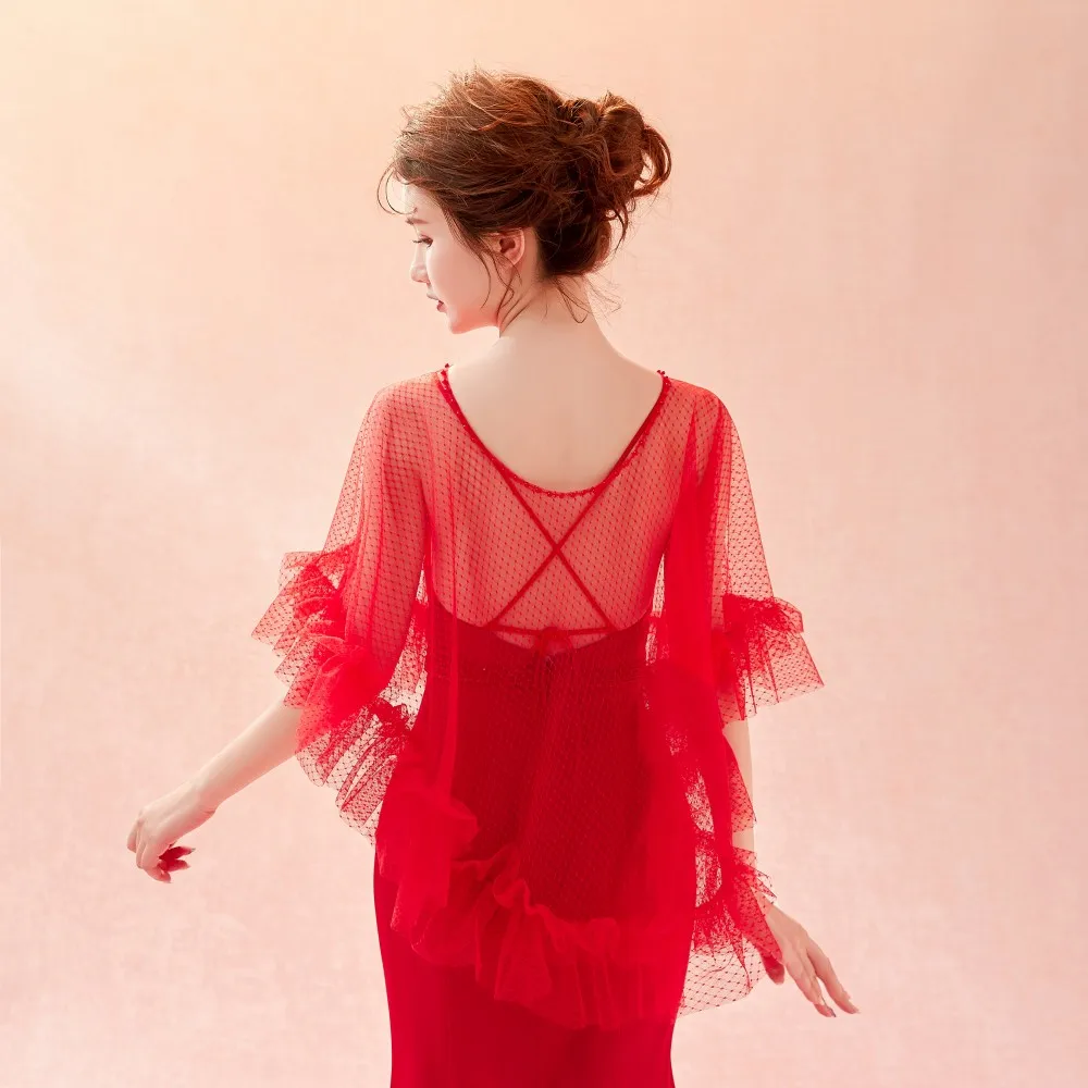 Настоящая фотография красная Свадебная шаль 2018 свадебное болеро в горошек