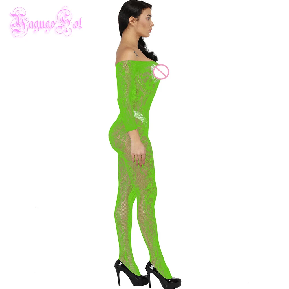 Sexy Fishnet Sheer Crotchless Swirly Lace Teddy Floral Long Sleeved Bodystocking Lingerie Intimates Babydoll Bodysuit Catsuit