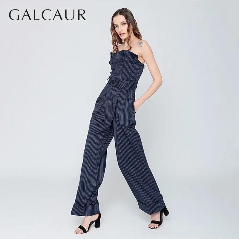 GALCAUR Sexy Sleeveless Striped Jumpsuit Woemn Strapless High Waist With Sashes Ruched Wide Leg Pants Female Spring Fashion 2020 | Женская