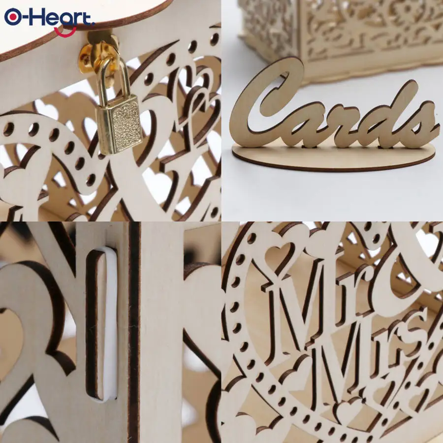 OHEART Diy коробка для приглашения на свадьбу деревянная деревенская Подарочная коробка с замком коробка для денег полые сердца в форме коробка подарочной карточки и карты знак на день рождения