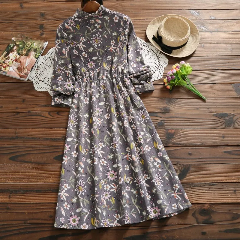 Женское винтажное платье с цветочным принтом элегантное СО СТОЯЩИМ ВОРОТНИКОМ и