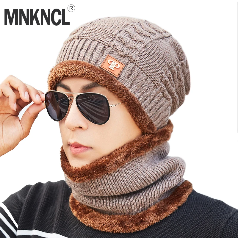 MNKNCL зимняя шапка бини для мужчин шарф вязанные шапки кепки маска Gorras капот теплые