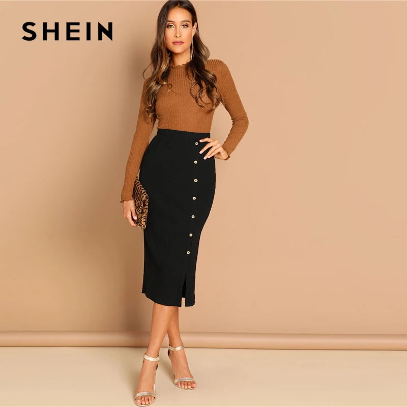 SHEIN Трикотажная Миди Юбка На Пуговицах Длинная Юбка В Рубчик Длинная Облегающая Юбка-Карандаш