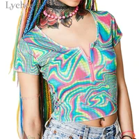 lychee sexy rainbow grid print women t shirt crop top zipper cut out short sleeve female t shirt tee top