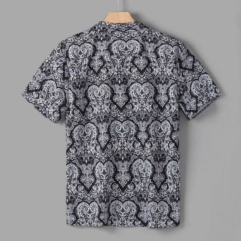 Feitong Men Shirt Multi Color Lump Chest Pocket Short Sleeve Round Hem Loose Shirts Camisas masculina Black shirt