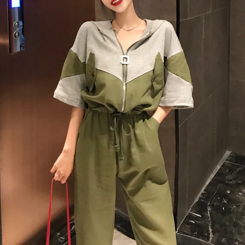 Возможно, U ArmyGreen Белый Лоскутная кнопка карман на молнии с капюшоном комбинезон с коротким рукавом комбинезон с завязками стиль сафари J0075