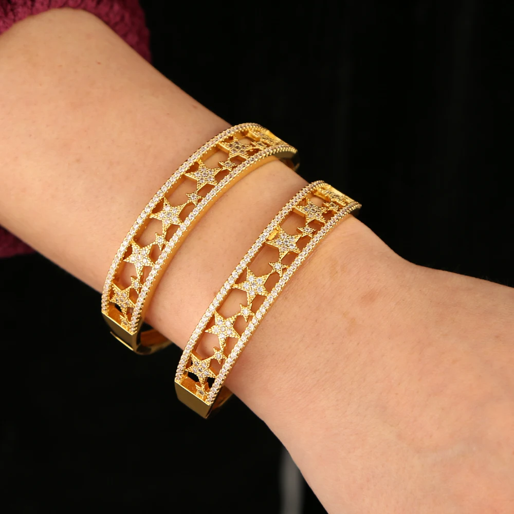 Позолоченный с микрозакрепкой cz Звезда кластер широкий браслет Открытый модные